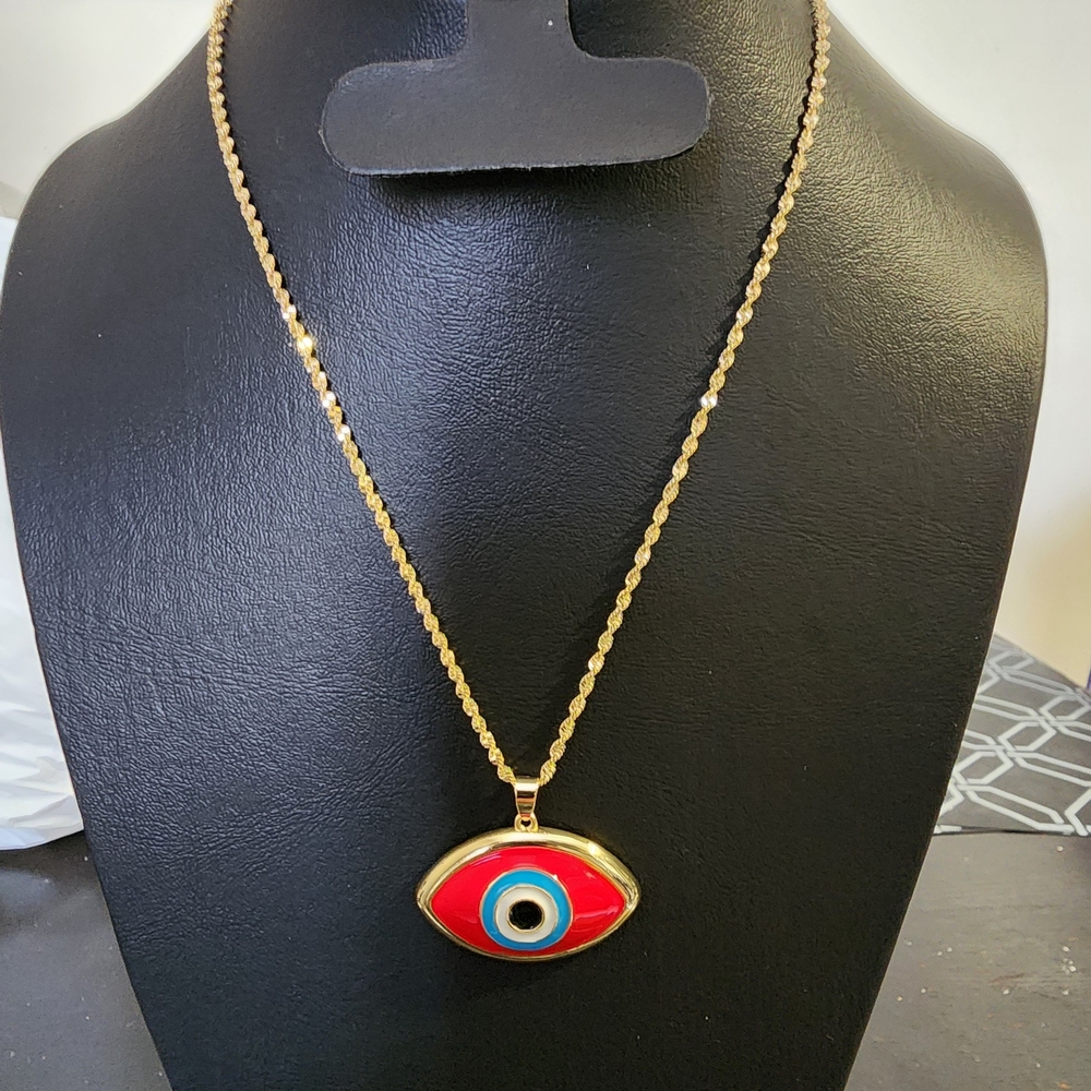Gold-Tone Red Evil Eye Pendant Necklace with Blue Accent